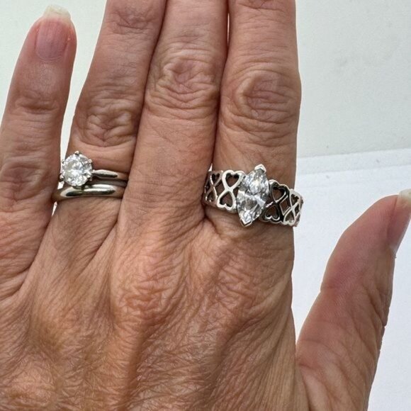 Sterling Silver Diamonique Ring size 9 Cut Out Heart Sides Marquis Cut .925 CZ - Picture 5 of 9